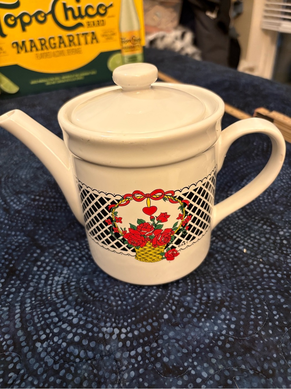 White Ceramic Teapot with Red Rose Basket Accent - Classic Home Tea Pot